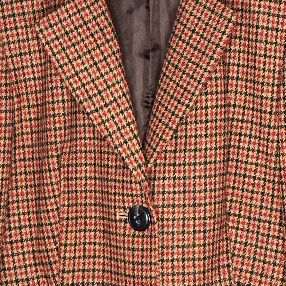 Talbots Houndtooth Brown Tan Red Plaid One Button 100% Wool Fall Jacket Blazer - Picture 7 of 14